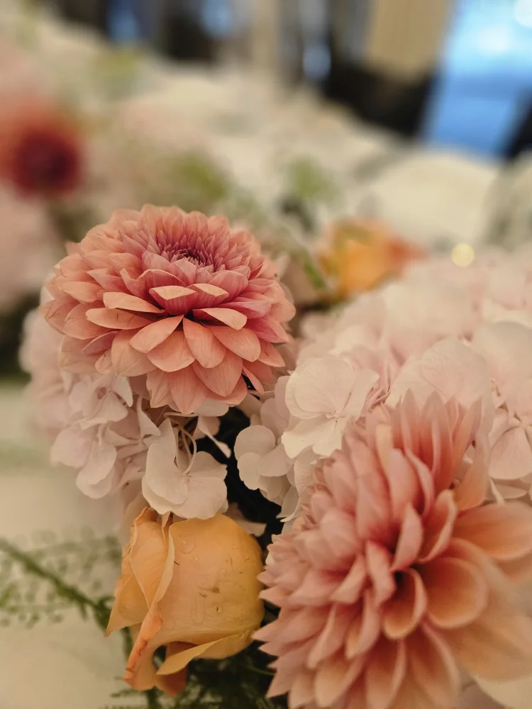 Close up of blush dahlias, pale pink hydrangea and a peach rose on an event table