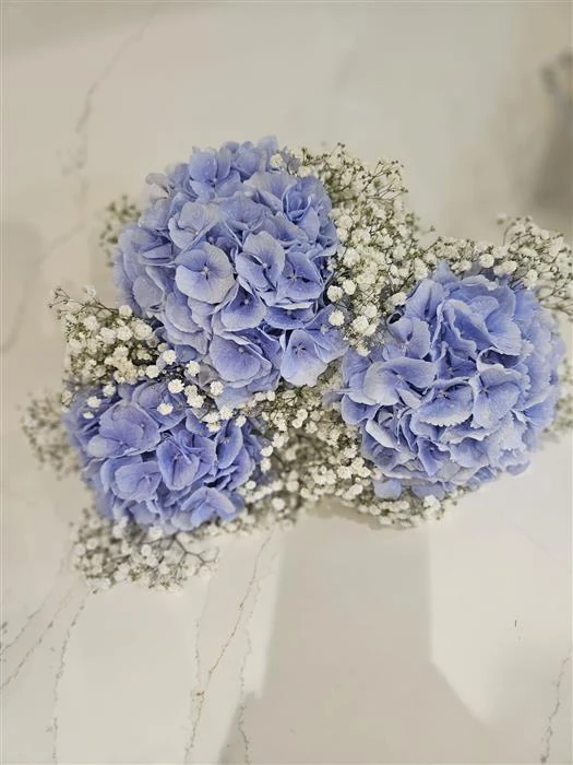 Blue hydrangea and gypsophila posies